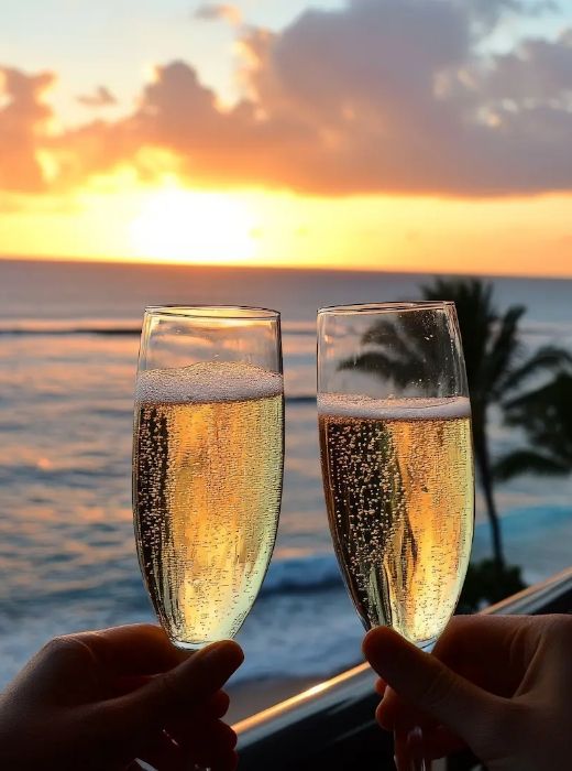 夕焼けの海辺で乾杯の写真
