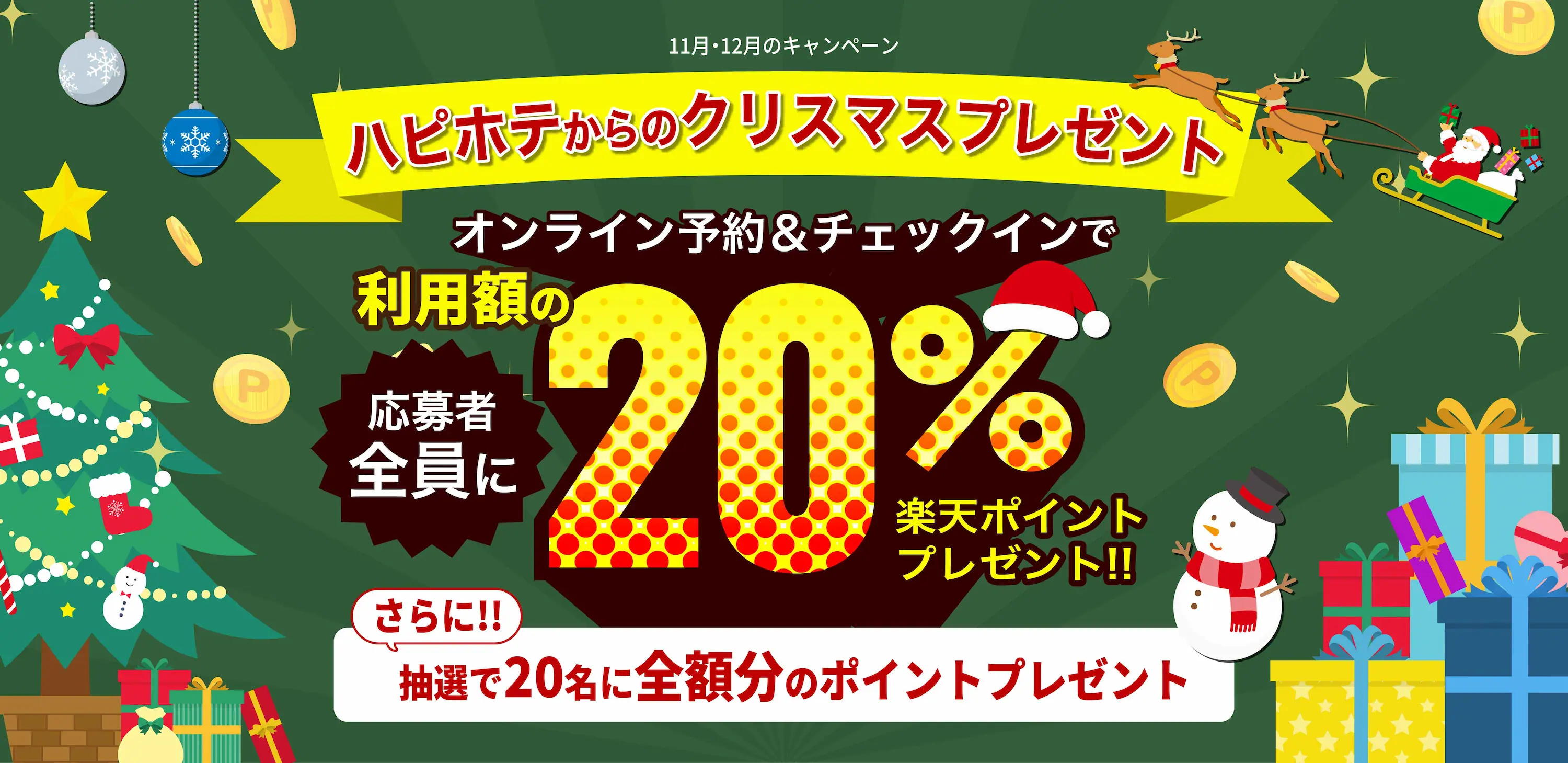 オンライン予約＆チェックインで応募者全員に利用額の20%楽天ポイントプレゼント!!さらに抽選で20名に全額分のポイントプレゼント
